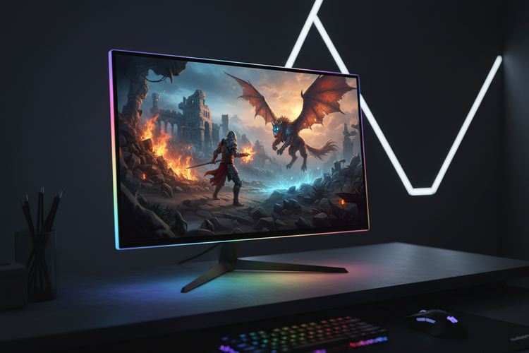 High-performance curved gaming monitor displaying an intense action scene with fire and robots, representing the All-N-1 Gaming Hall of Fame collection.