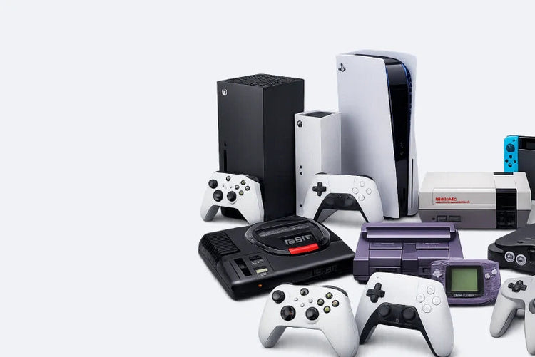 A collection of retro and modern gaming hardware, including a Sega Genesis console, various handheld gaming devices, and wireless controllers. A perfect blend of nostalgic 16-bit history and portable modern gaming technology.