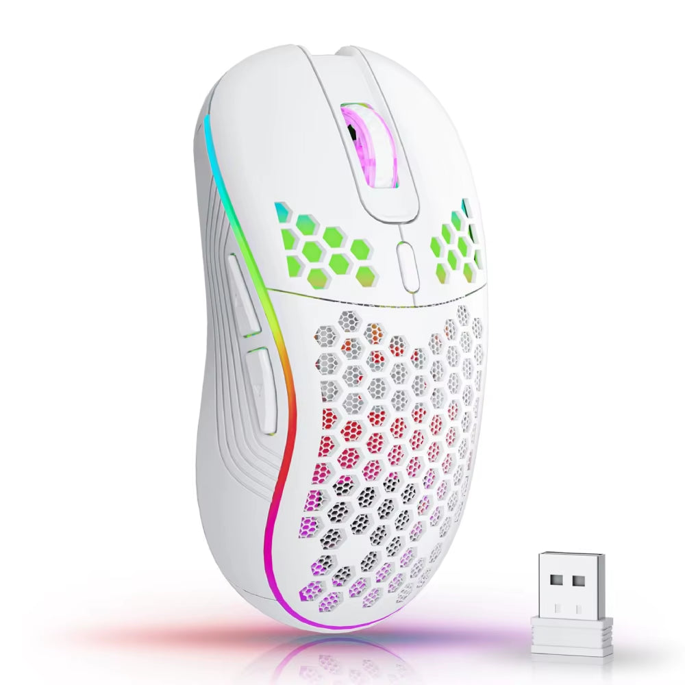 Multiple high-performance gaming mice with honeycomb shells and vibrant RGB lighting in purple, red, and green. Professional ergonomic peripherals designed for high-speed tracking and a modern aesthetic.