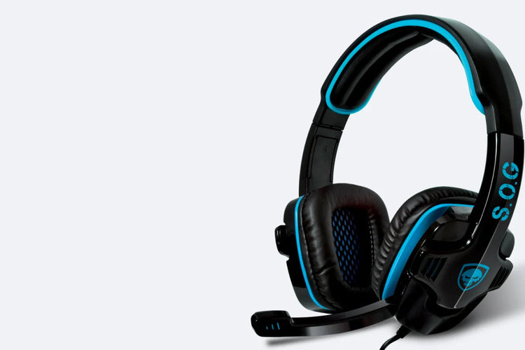Professional black and blue wireless gaming headset with glowing LED ear cups and a built-in microphone. A sleek, high-performance audio peripheral designed for immersive gameplay and clear communication.