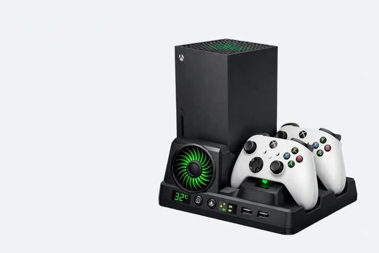 Dual controller charging dock and cooling station for Xbox Series S and X. Features two white controllers docked with green LED indicator lights in a dark, high-tech gaming environment.