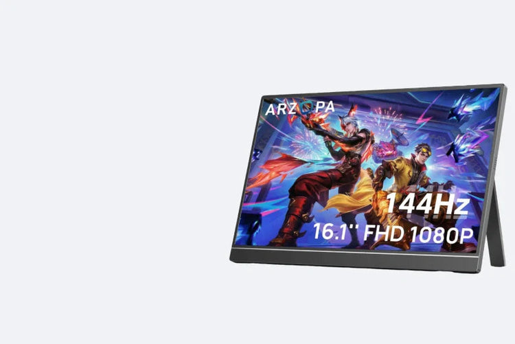 ARZOPA 16.1-inch ultra-slim portable gaming monitor displaying a vibrant, high-action fantasy scene. Features 144Hz refresh rate and 1080P FHD resolution, perfect for a high-performance mobile gaming setup.