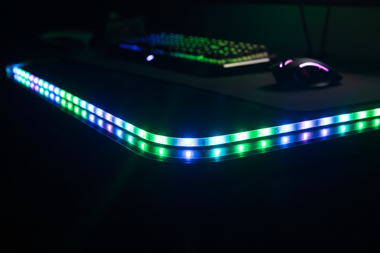 Close-up of an L-shaped gaming desk in a dark room, featuring a vibrant RGB LED light strip with a rainbow gradient. A glowing mouse pad and gaming mouse are visible, creating an immersive, high-tech atmosphere for a pro setup.