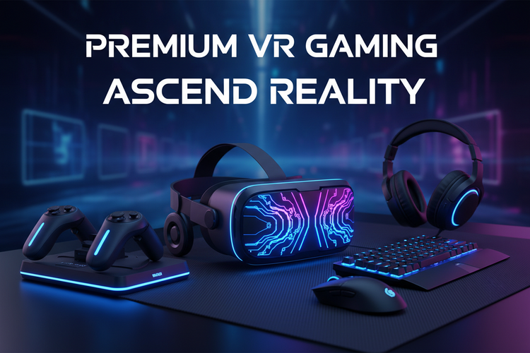 Premium VR headset with glowing blue accents resting on a sleek surface. Text overlay reads "Premium VR Gaming: Ascend Reality," highlighting a modern, immersive virtual reality experience for pro gamers.