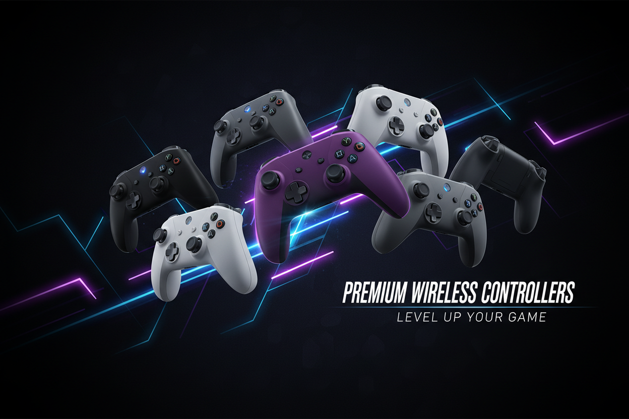 hree transparent wireless gaming controllers with vibrant internal RGB lighting in blue, purple, and red. Professional gamepads featuring a sleek, high-tech aesthetic for modern and retro gaming setups.