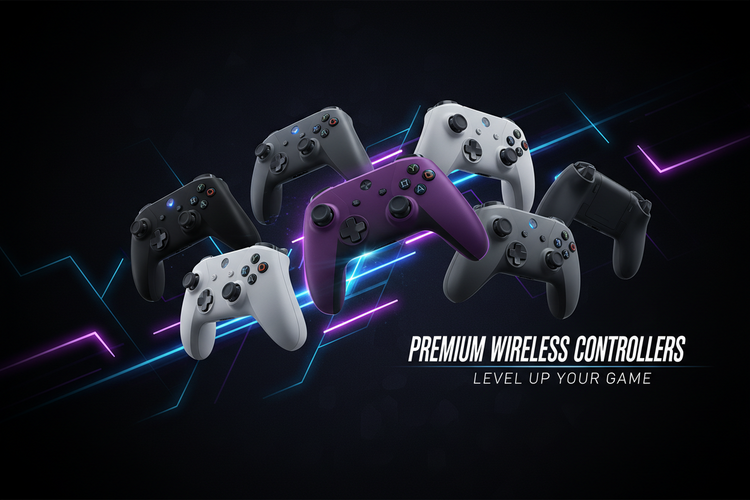hree transparent wireless gaming controllers with vibrant internal RGB lighting in blue, purple, and red. Professional gamepads featuring a sleek, high-tech aesthetic for modern and retro gaming setups.