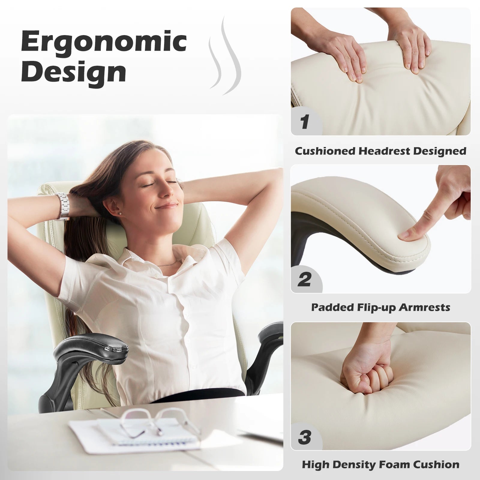 Ergonomic Office Chair Heavy Duty Task Desk Chair with Flip-Up Arms PU Leather Adjustable Swivel Rolling Gaming Chair
