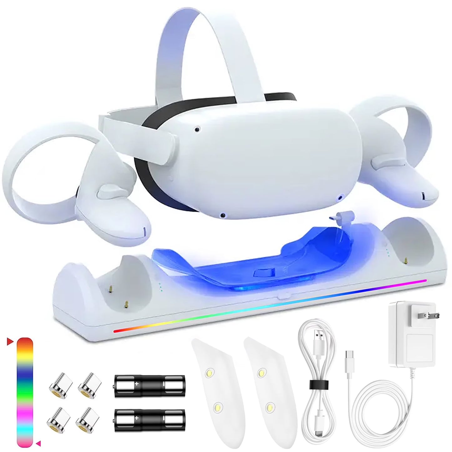 Fast Magnetic VR Charger for Oculus Quest 2 – Dual Controller Charging Station with RGB Atmosphere Light, 2x Rechargeable Batteries & Type-C Cable