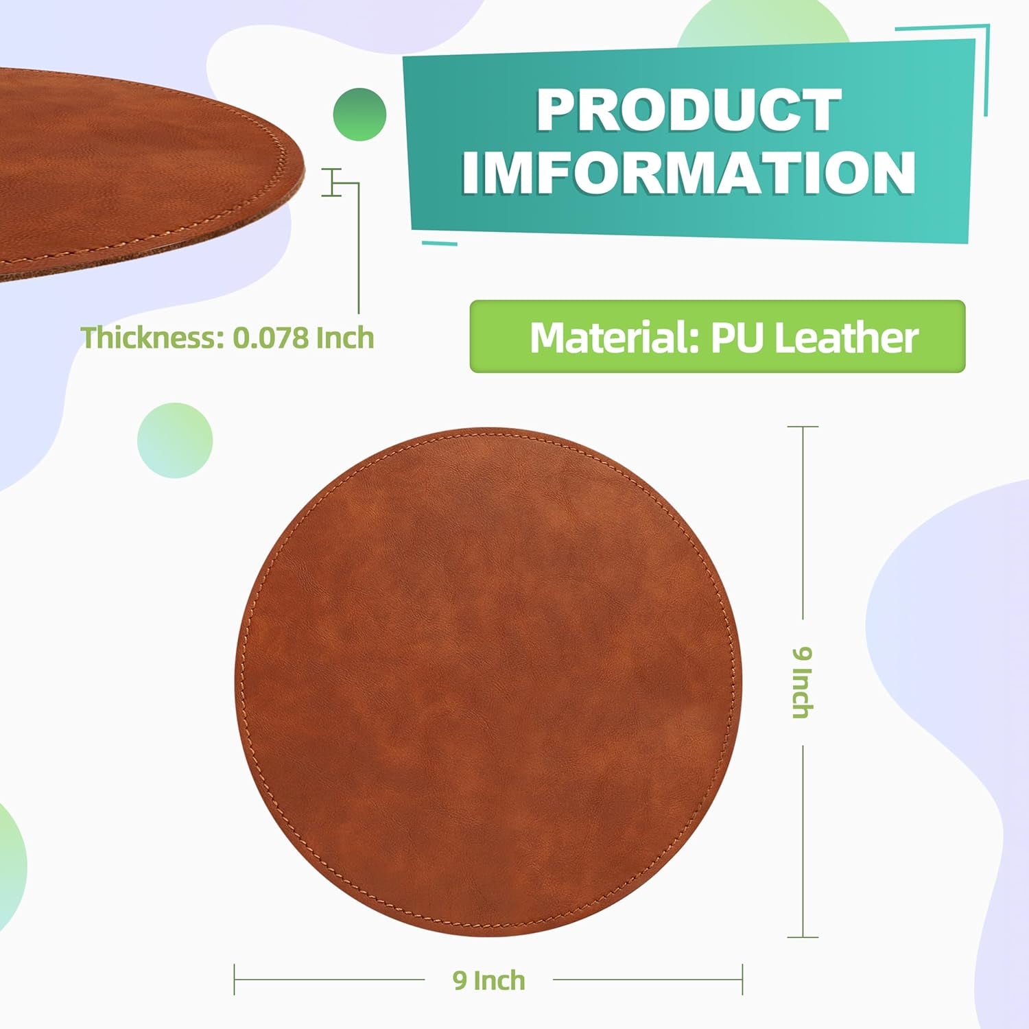 Mouse Pad，Round Mouse Pad，Pu Mouse Pad，Leather Mouse Pad with Stitched Edge Micro-Fiber Base with Non-Slip Waterproof，Mouse Pad for Computers，Laptop，Office & Home，9 X 9 Inch (Caramel Brown)