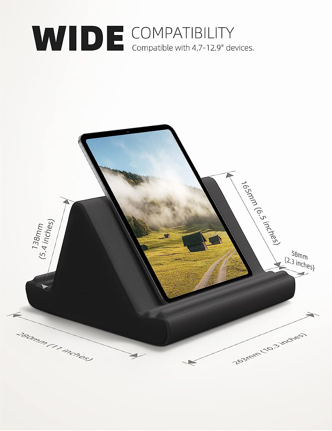 Tablet Pillow Holder Stand - Tablet Pillow Soft Pad Dock for Lap, Bed and Desk with Pocket & 4 Viewing Angles, for Ipad Pro 13, 11, 12.9, Air, Mini, Kindle, Iphone, 4-13" Devices, Black