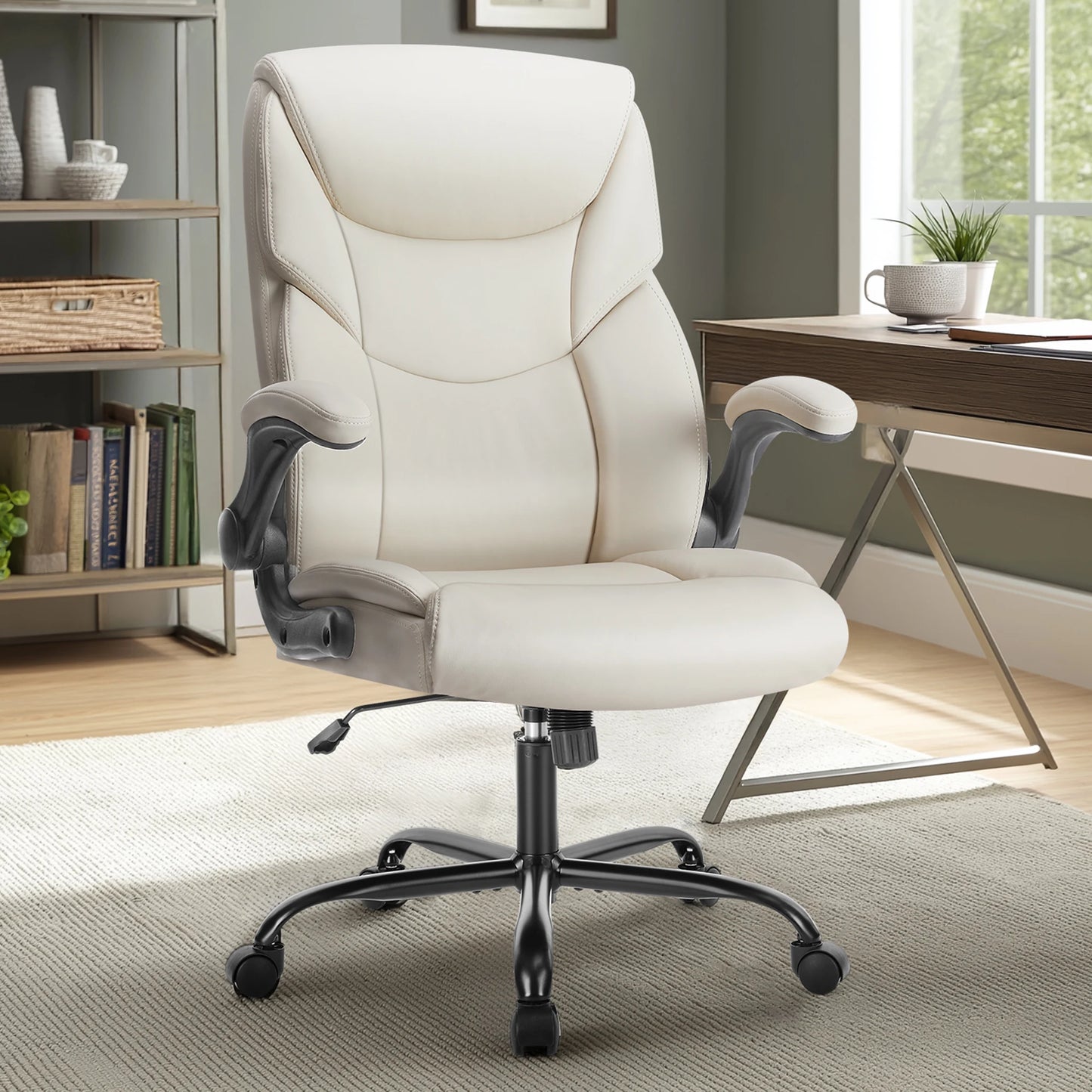 Ergonomic Office Chair Heavy Duty Task Desk Chair with Flip-Up Arms PU Leather Adjustable Swivel Rolling Gaming Chair