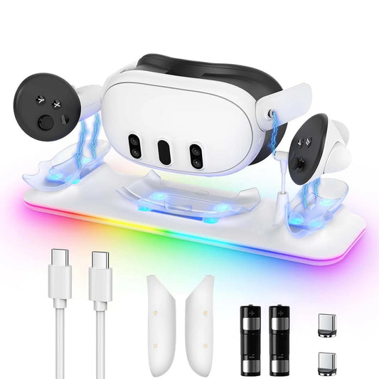 All-in-One Magnetic VR Charger for Quest 3 – Multi-Color RGB Atmosphere Light Docking Station, Dual Controller Charging with High-Capacity Batteries