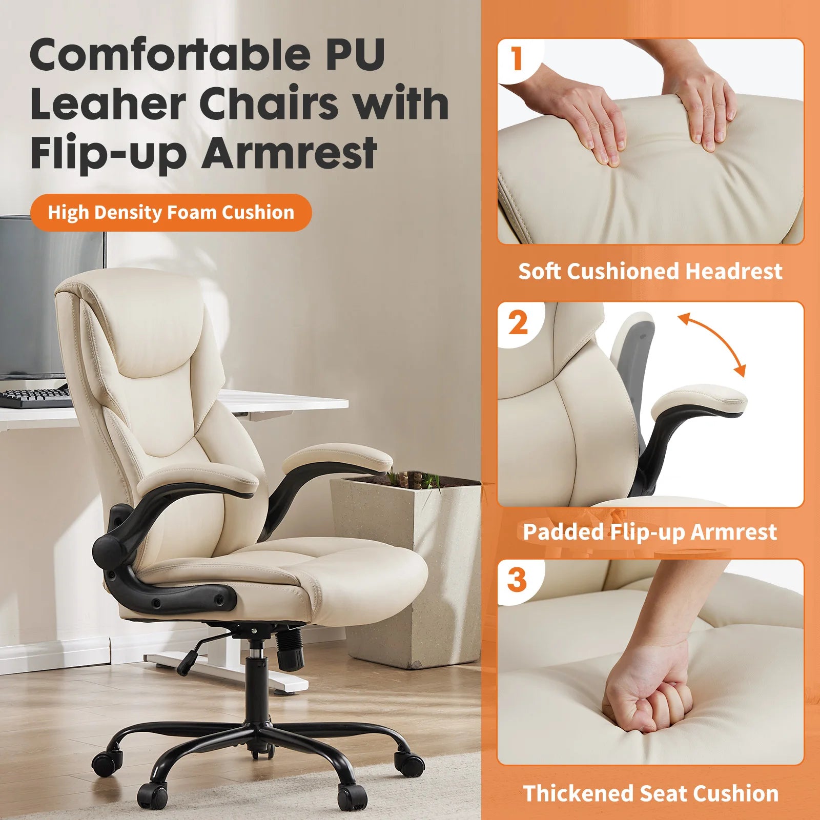 Ergonomic Office Chair Heavy Duty Task Desk Chair with Flip-Up Arms PU Leather Adjustable Swivel Rolling Gaming Chair