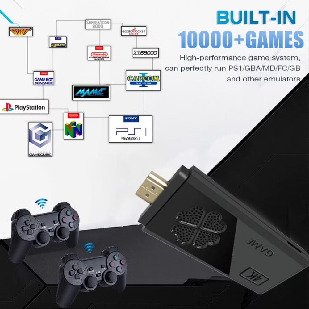 64GB 4K Video Game Stick with 20,000+ Games – Portable HDMI Retro Console, 2 Wireless Gamepads, Supports 4K TV Output, Ideal Gift for Kids