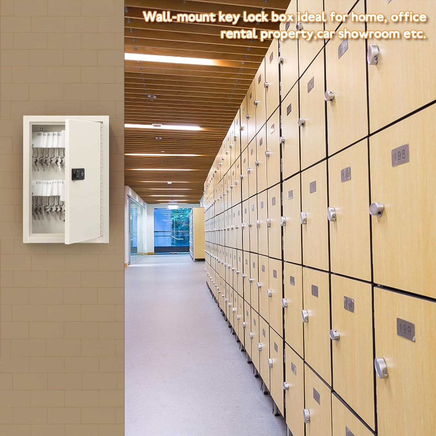 Key Storage Lock Box with Code,Locking Key Cabinet,40 Key Management Wall Mount with Combination Lock,Key Hooks & Tags Key Labels,(Beige,40 Key)