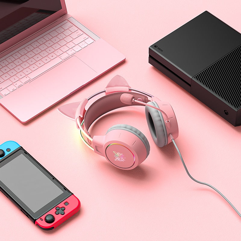 LED Wired Gaming Headset with Mic — Cat Ear & Classic Styles, USB, 20Hz–20kHz, Black & Pink