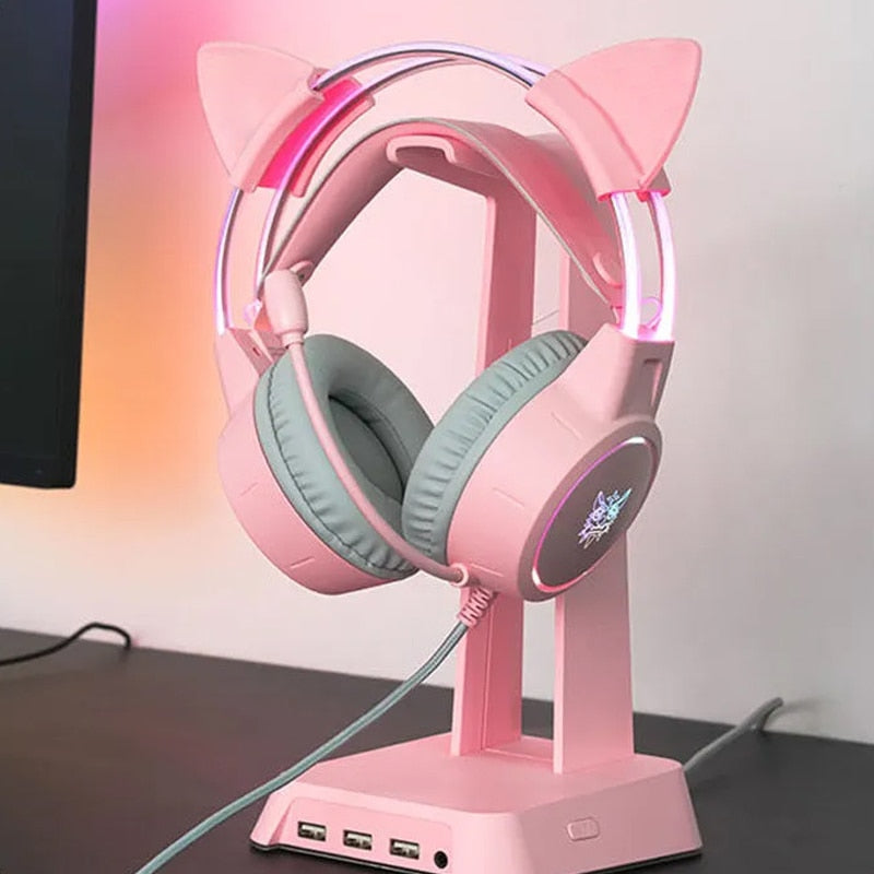 LED Wired Gaming Headset with Mic — Cat Ear & Classic Styles, USB, 20Hz–20kHz, Black & Pink