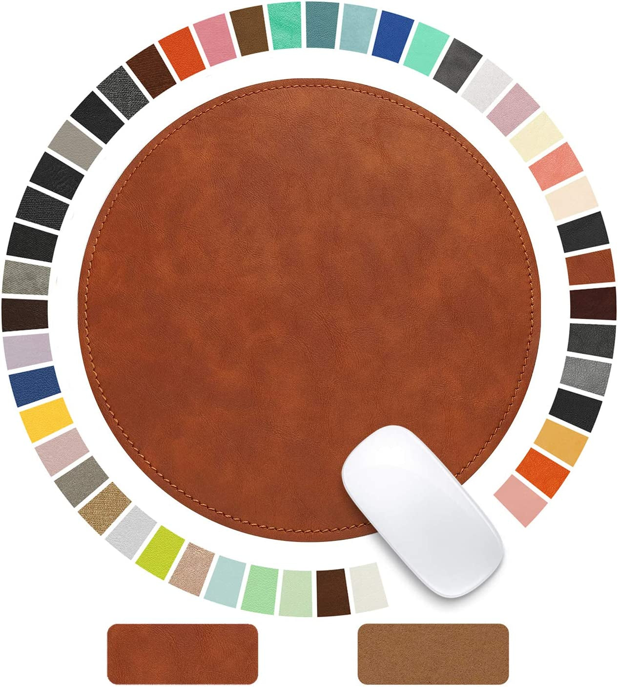 Mouse Pad，Round Mouse Pad，Pu Mouse Pad，Leather Mouse Pad with Stitched Edge Micro-Fiber Base with Non-Slip Waterproof，Mouse Pad for Computers，Laptop，Office & Home，9 X 9 Inch (Caramel Brown)