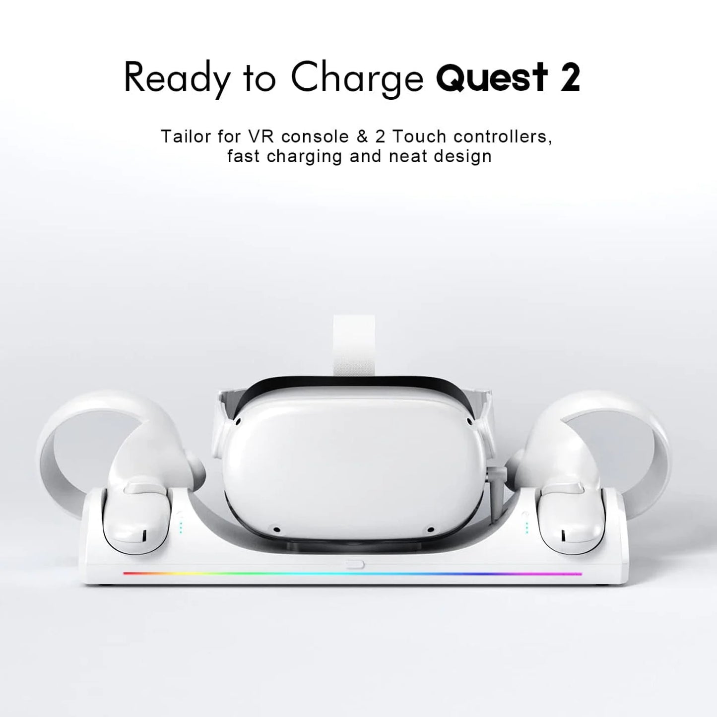 Fast Magnetic VR Charger for Oculus Quest 2 – Dual Controller Charging Station with RGB Atmosphere Light, 2x Rechargeable Batteries & Type-C Cable