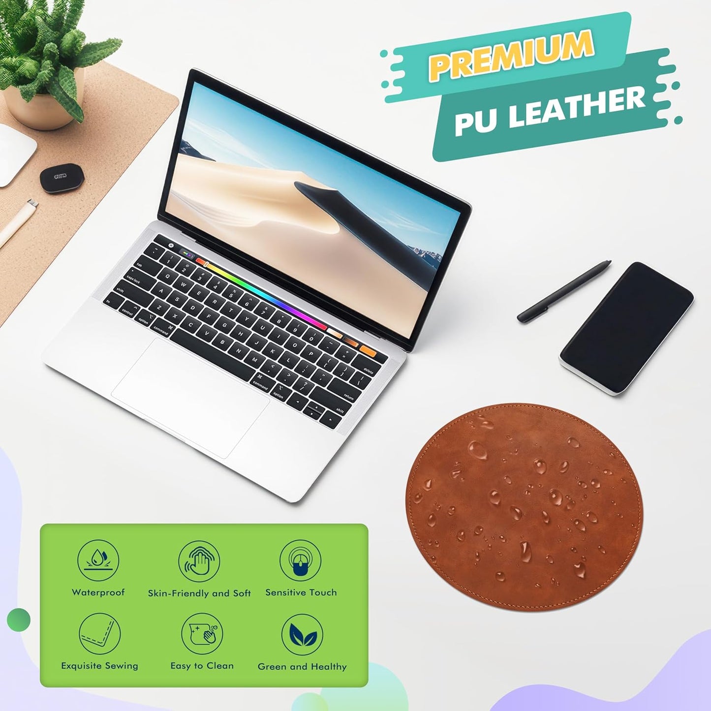 Mouse Pad，Round Mouse Pad，Pu Mouse Pad，Leather Mouse Pad with Stitched Edge Micro-Fiber Base with Non-Slip Waterproof，Mouse Pad for Computers，Laptop，Office & Home，9 X 9 Inch (Caramel Brown)