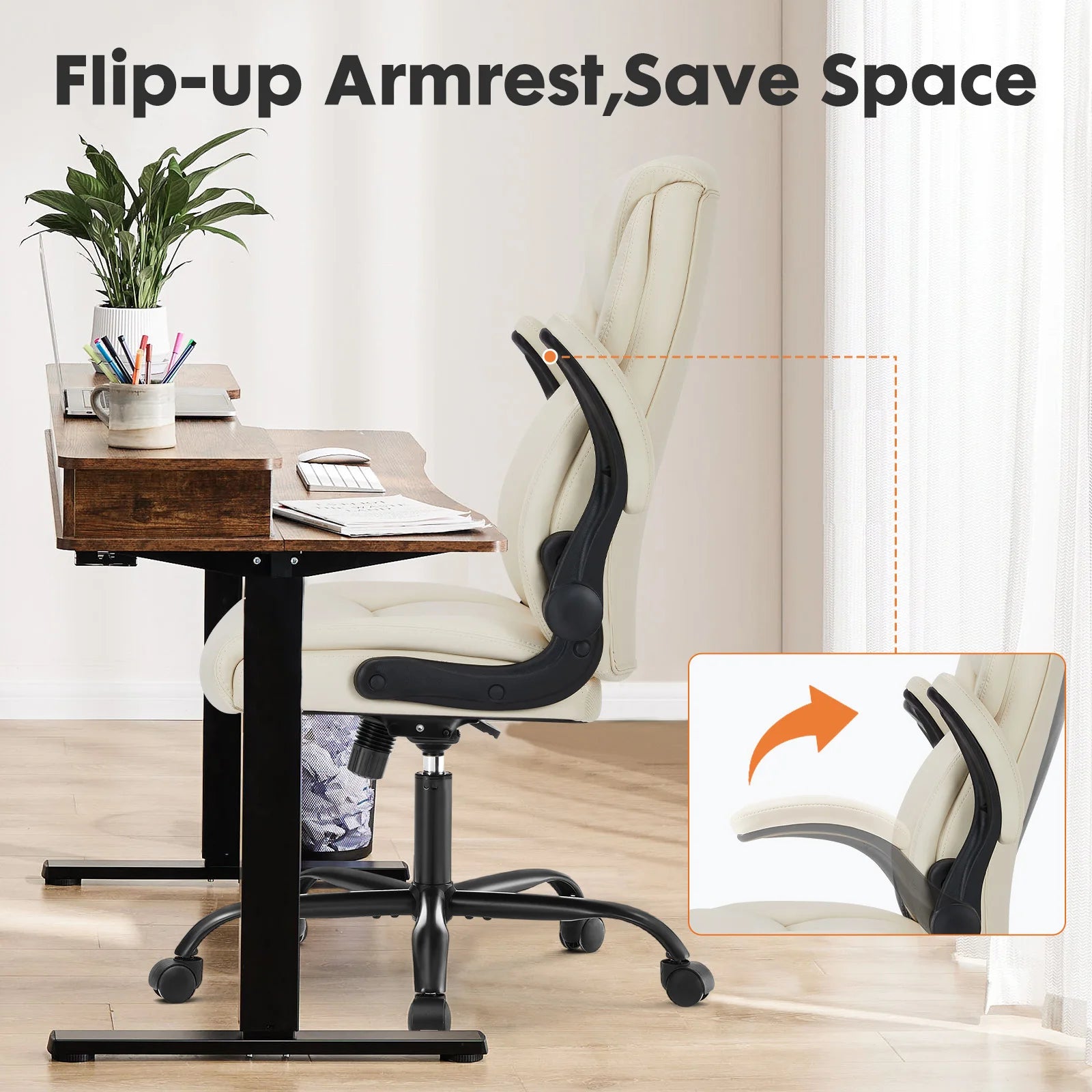Ergonomic Office Chair Heavy Duty Task Desk Chair with Flip-Up Arms PU Leather Adjustable Swivel Rolling Gaming Chair