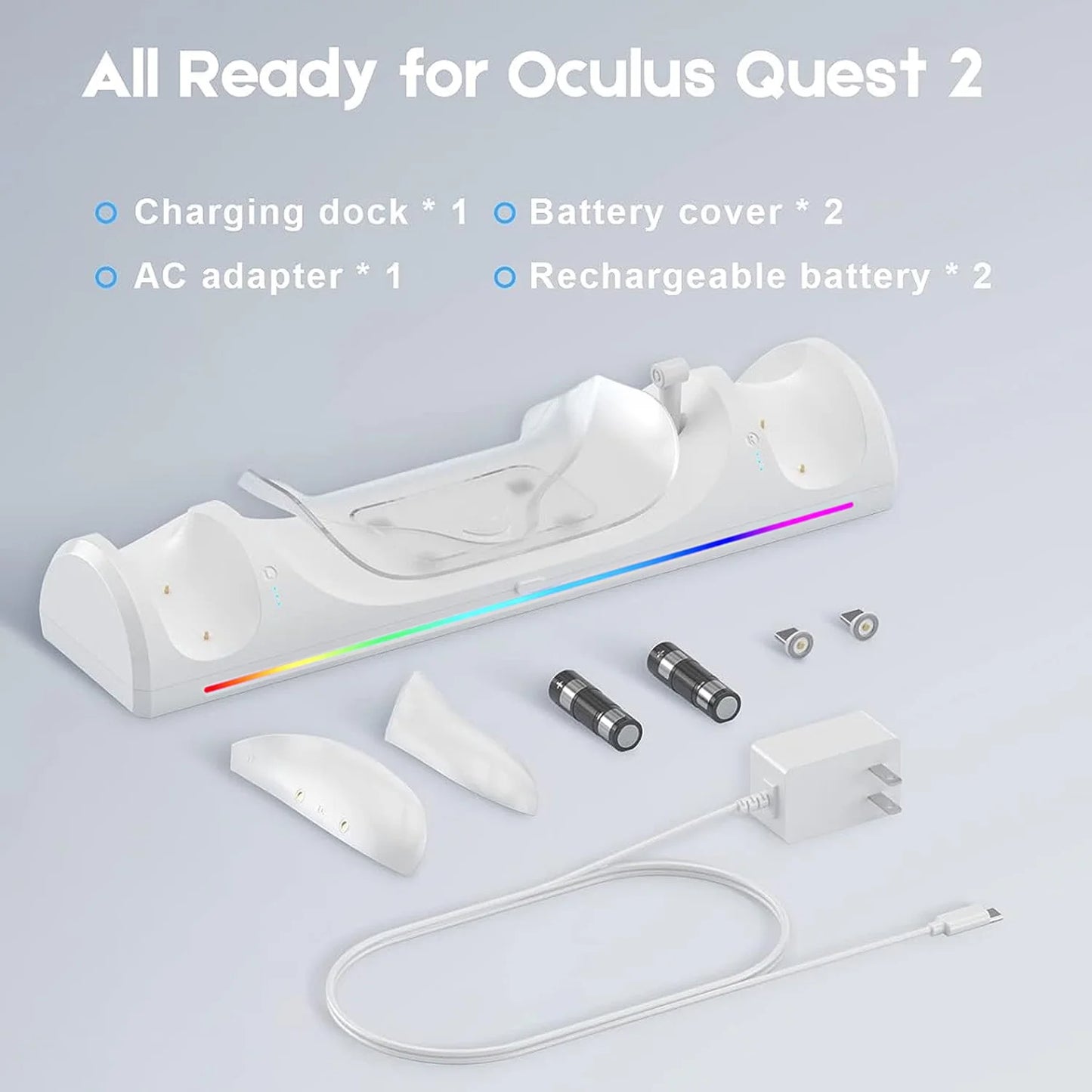 Fast Magnetic VR Charger for Oculus Quest 2 – Dual Controller Charging Station with RGB Atmosphere Light, 2x Rechargeable Batteries & Type-C Cable